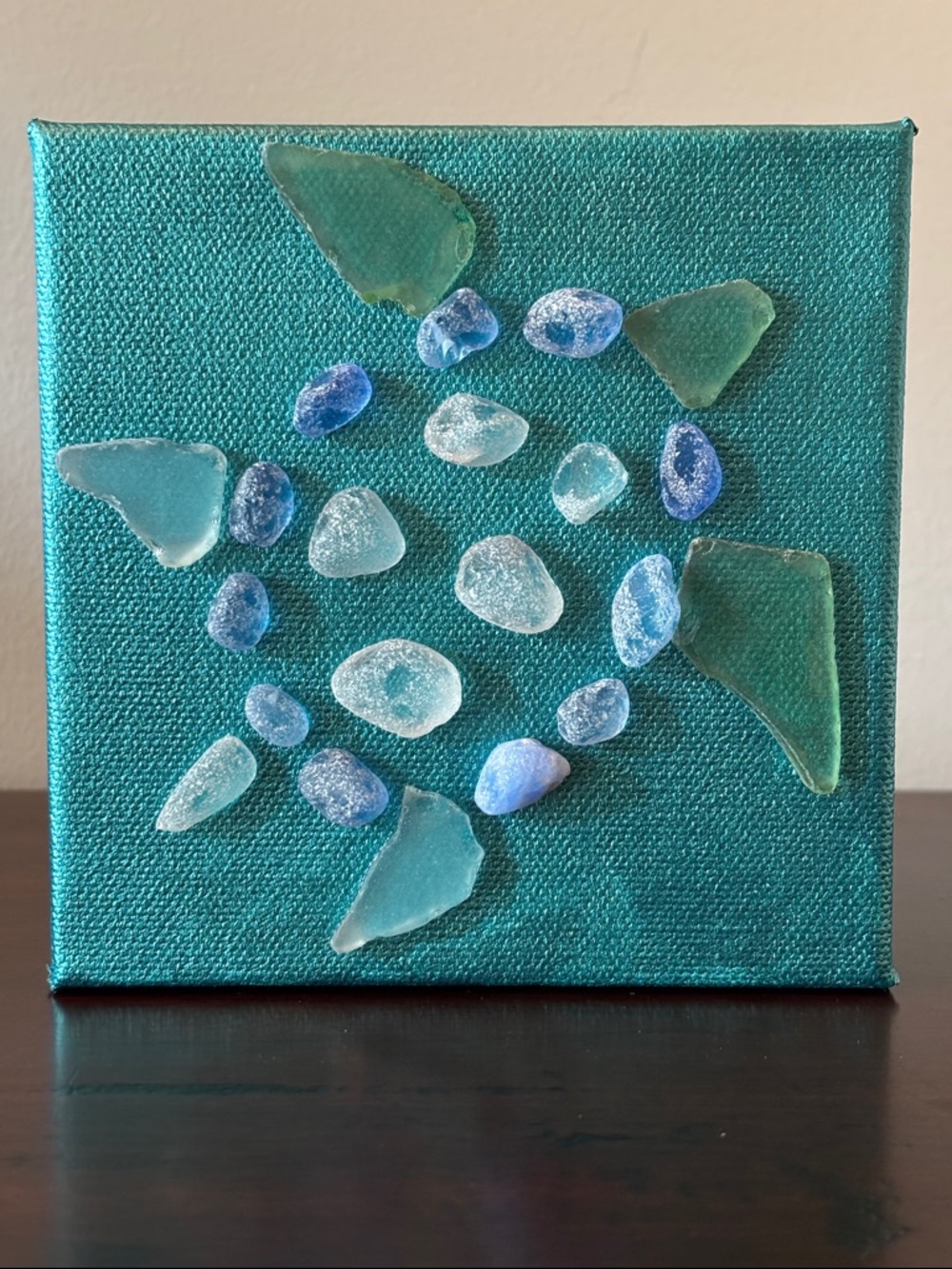 Handcrafted Sea Glass Wall Art - Sea Turtle on Teal Canvas